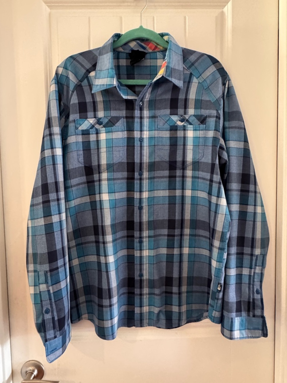 The‎ North Face Men's Teal and Navy Plaid Button-Down Shirt Sz Medium
